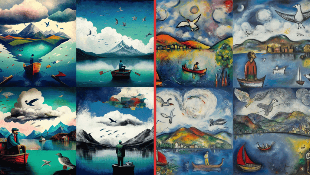 A lone man facing a lake, birds flying overhead, a mountain glistens against the sky in the distance, a partly cloudy sky, a fishing boat in the middle of the lake, in the style of Marc Chagall