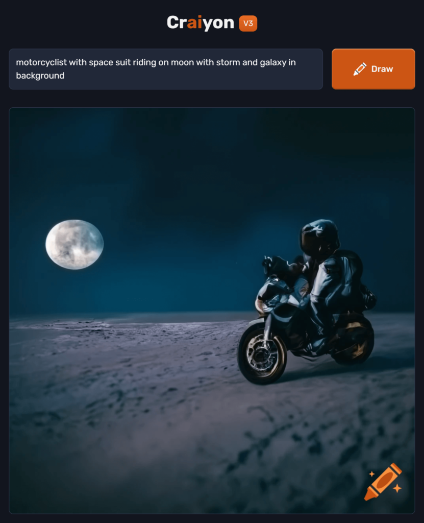 motorcyclist with space suit riding on moon with storm and galaxy in background